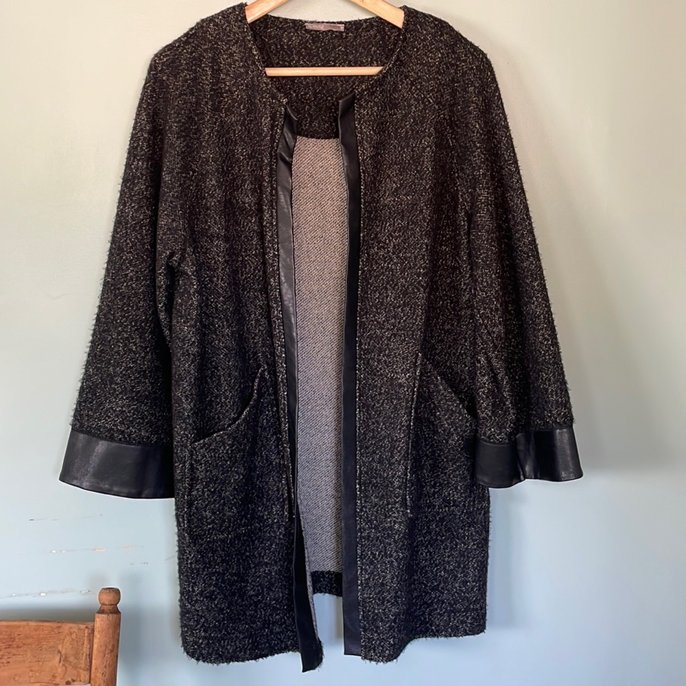 Zara collection black with faux leather trim open front sweater jacket, size L